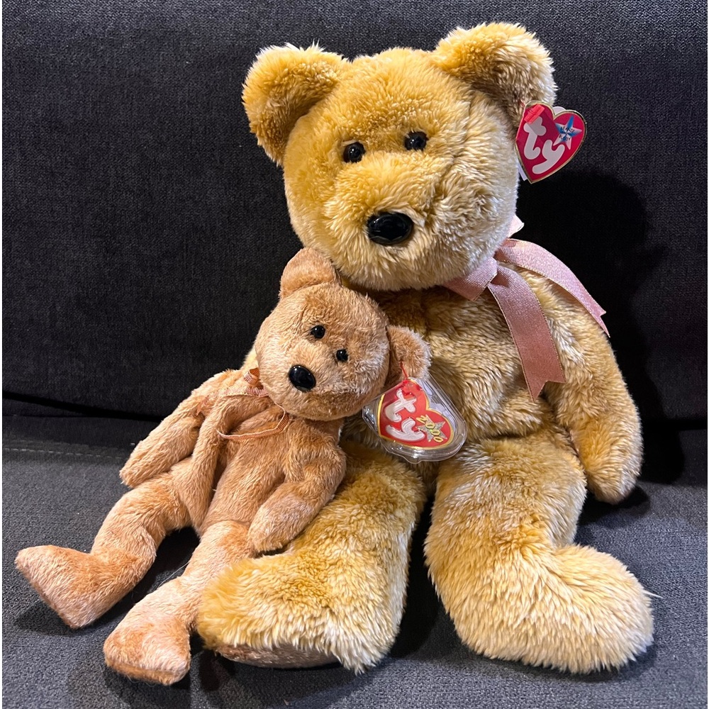 TY Vintage “Cashew” Beanie Babies Set Large and Small With Tags 8” and 13” Plush